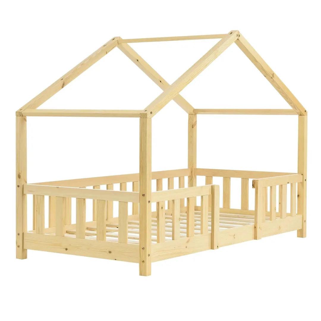 Lit cabane avec barrière 70x140cm - Bois naturel