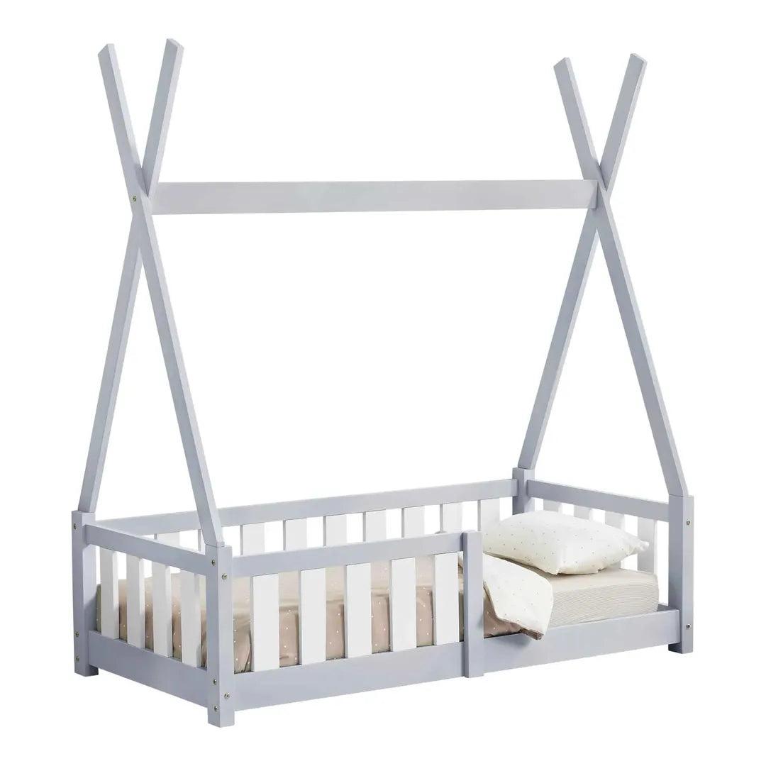 Lit tipi 70x140cm avec barrière - Gris & blanc