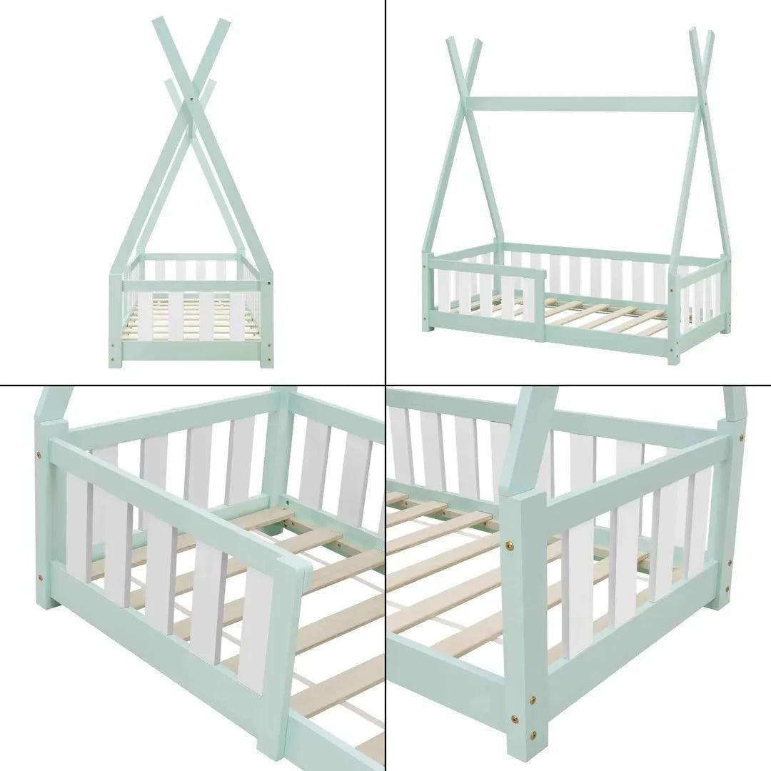 Lit tipi 70x140cm avec barrière - Vert & Blanc