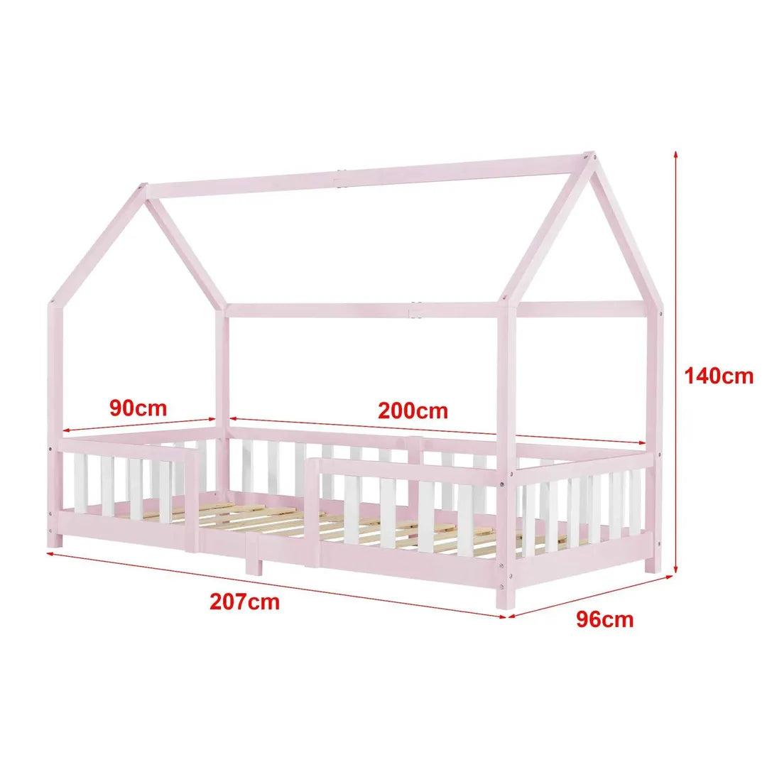 Lit cabane avec barrière - 90x200cm - Rose