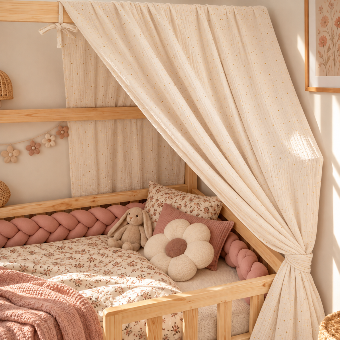 Ciel de lit cabane Ecru pois dorés en stock