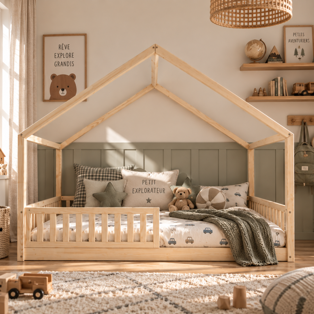 Lit cabane Montessori avec barrière Matteo Personnalisable