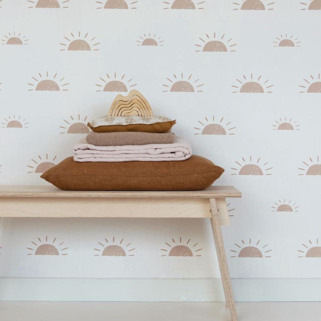 Papier peint chambre enfant Soleil - Rose nude & Blanc