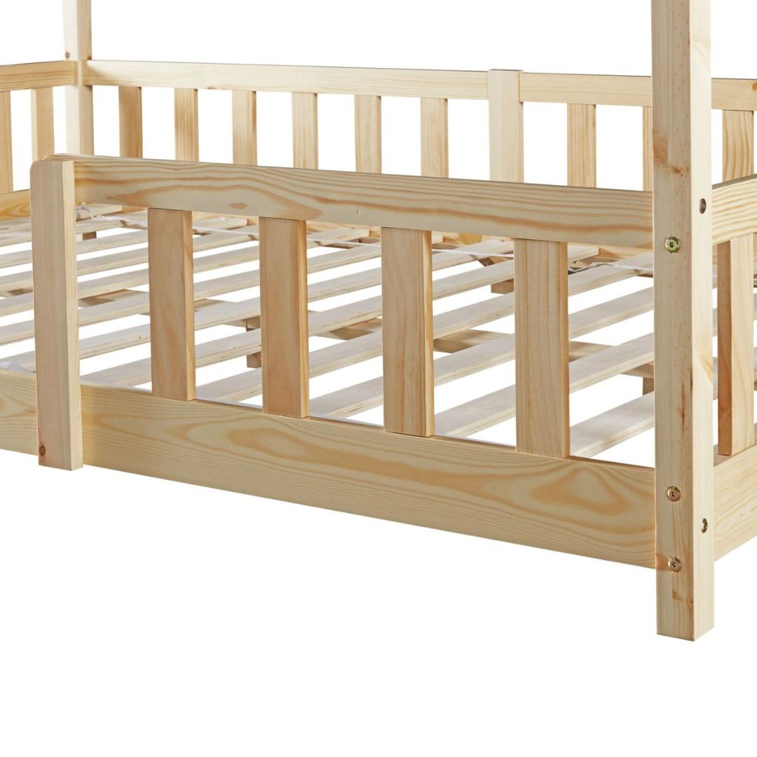 Grand lit cabane Montessori avec barrière + matelas - 120x200cm - Bois naturel