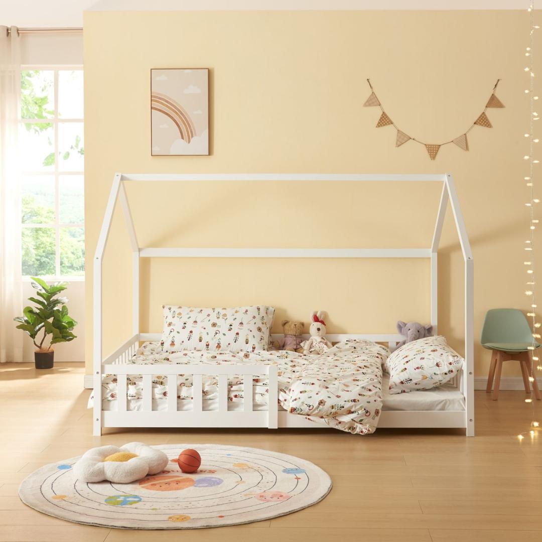 Pack grand lit cabane avec barrière + matelas 120x200cm