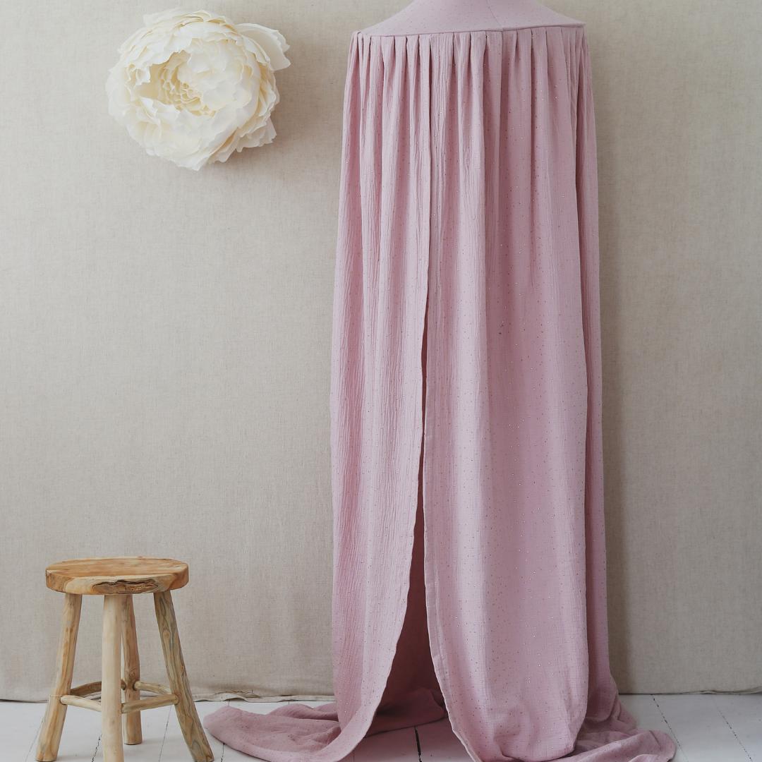 Ciel de lit bébé Rose pois dorés - Fait main
