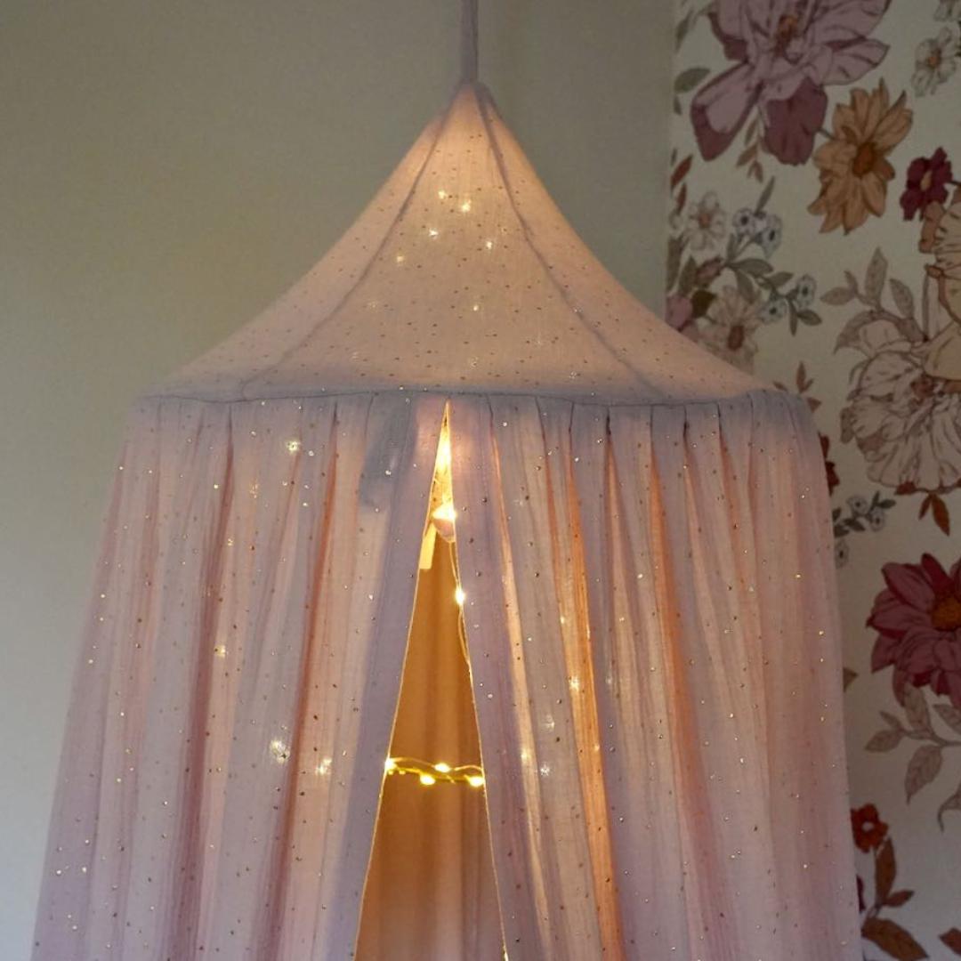 Ciel de lit bébé Rose pois dorés - Fait main
