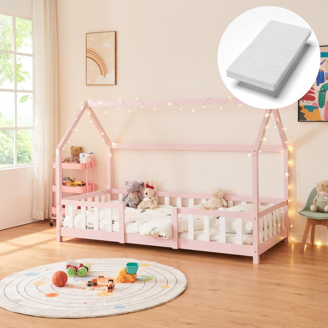 Lit cabane avec barrière + matelas - 90x200cm - Rose & Blanc