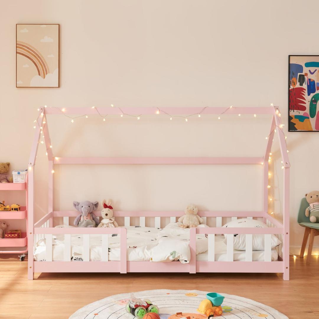 Lit cabane avec barrière + matelas - 90x200cm - Rose & Blanc