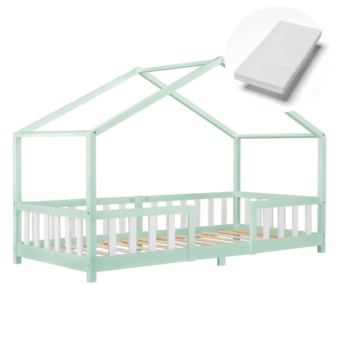 Lit cabane avec barrière + matelas - 90x200cm - Vert & blanc
