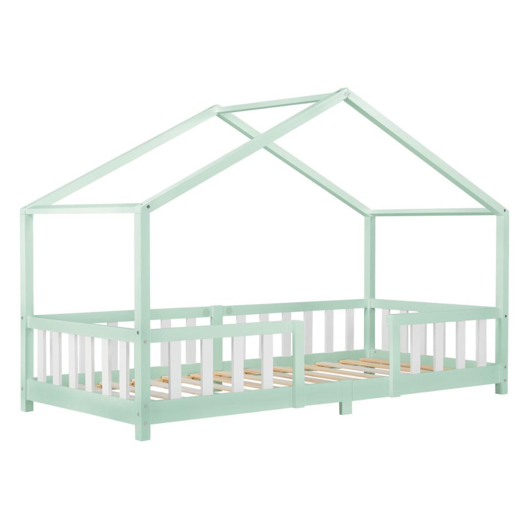 Lit cabane avec barrière + matelas - 90x200cm - Vert & blanc