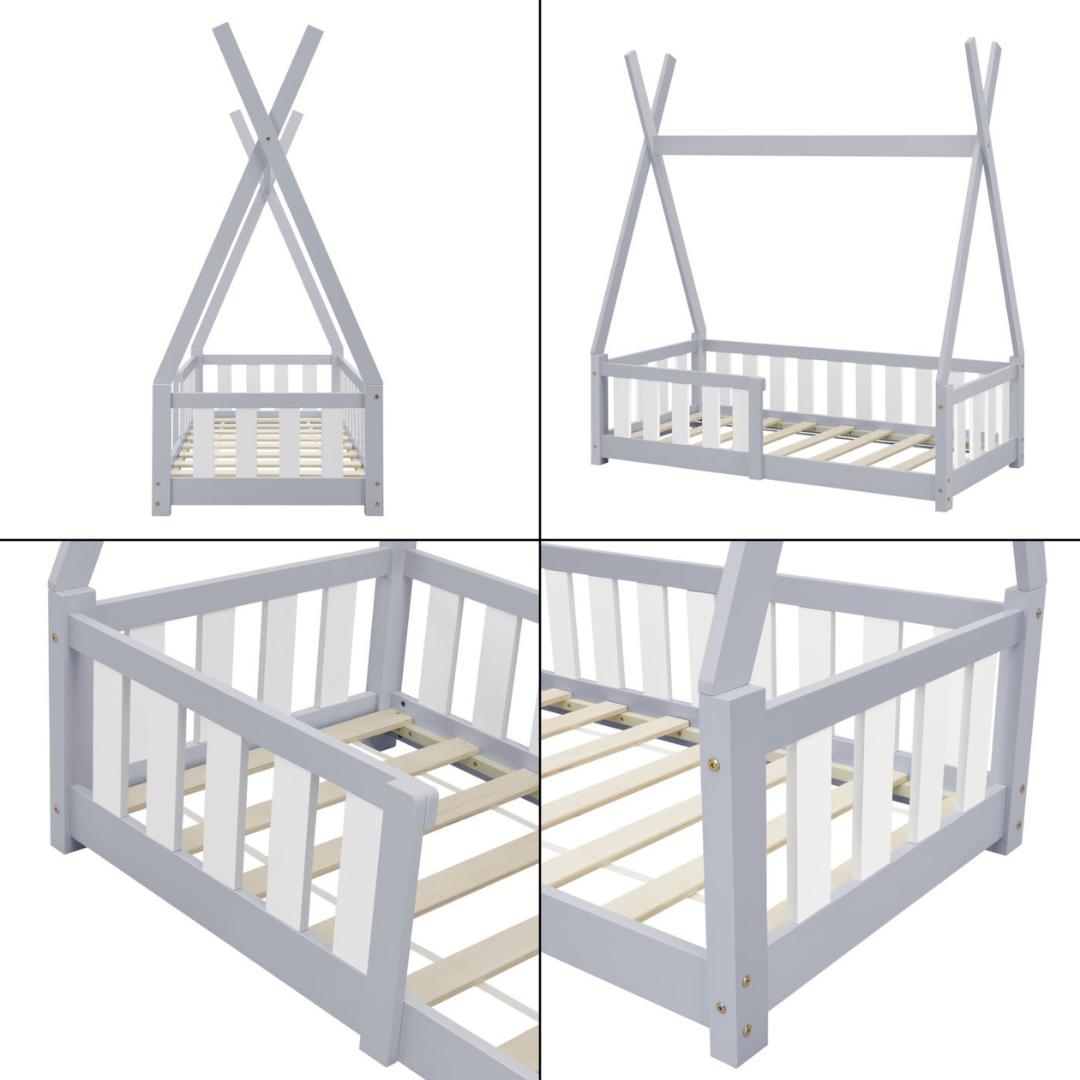 Lit tipi 70x140cm avec barrière et matelas - Gris & blanc