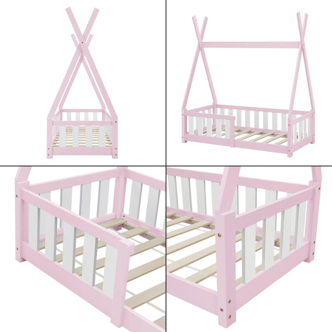 Lit tipi 70x140cm avec barrière et matelas - Rose & blanc