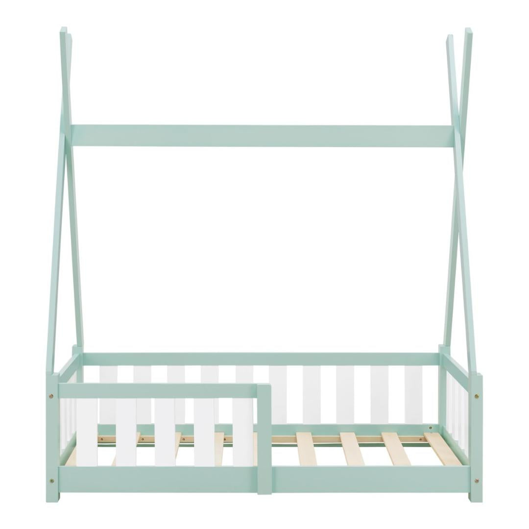 Lit tipi 70x140cm avec barrière et matelas - Vert & blanc