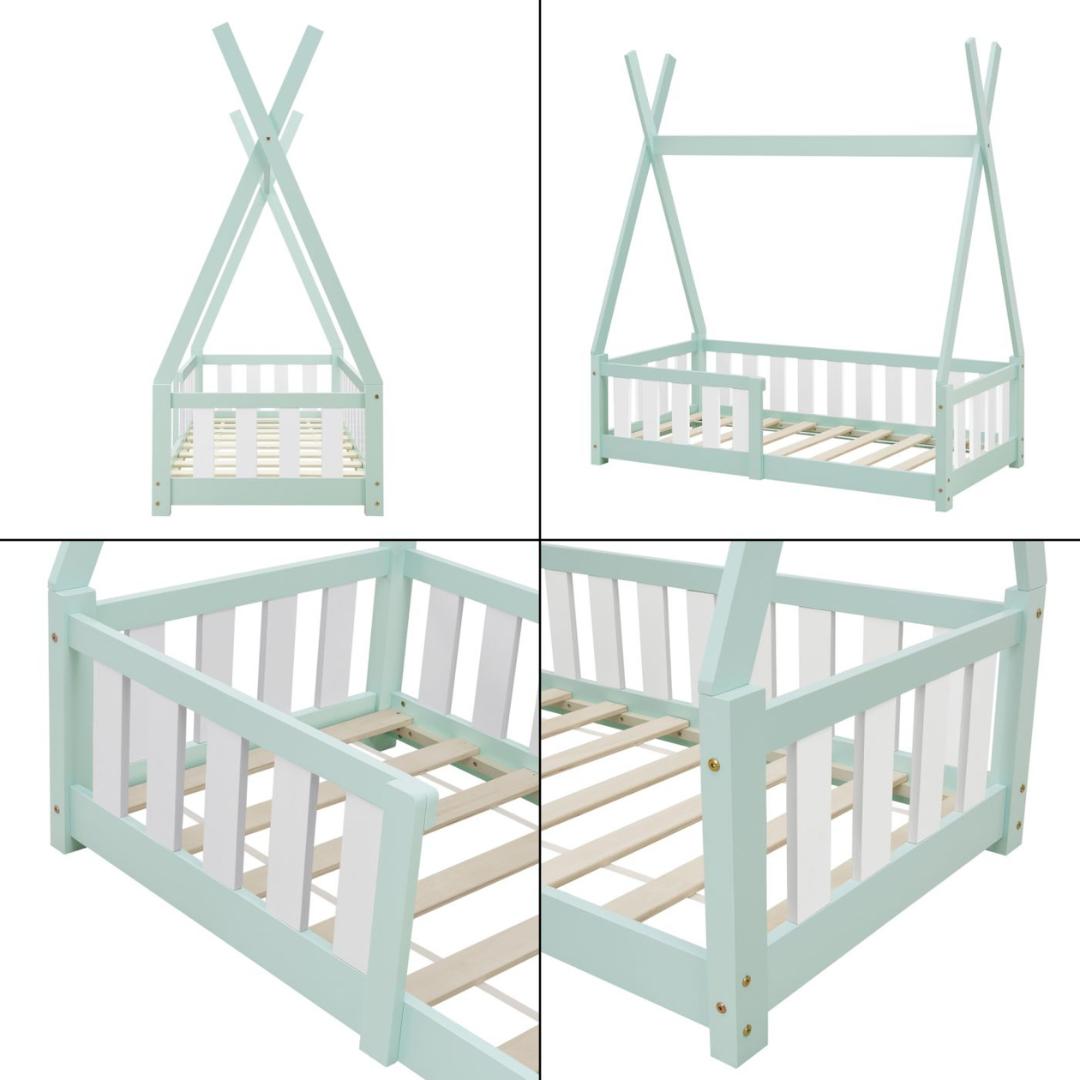 Lit tipi 70x140cm avec barrière et matelas - Vert & blanc