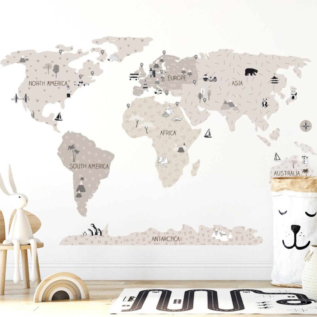 Sticker Enfant Carte Monde Beige