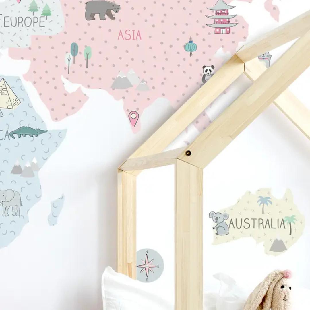 Sticker Enfant Carte Monde Rose