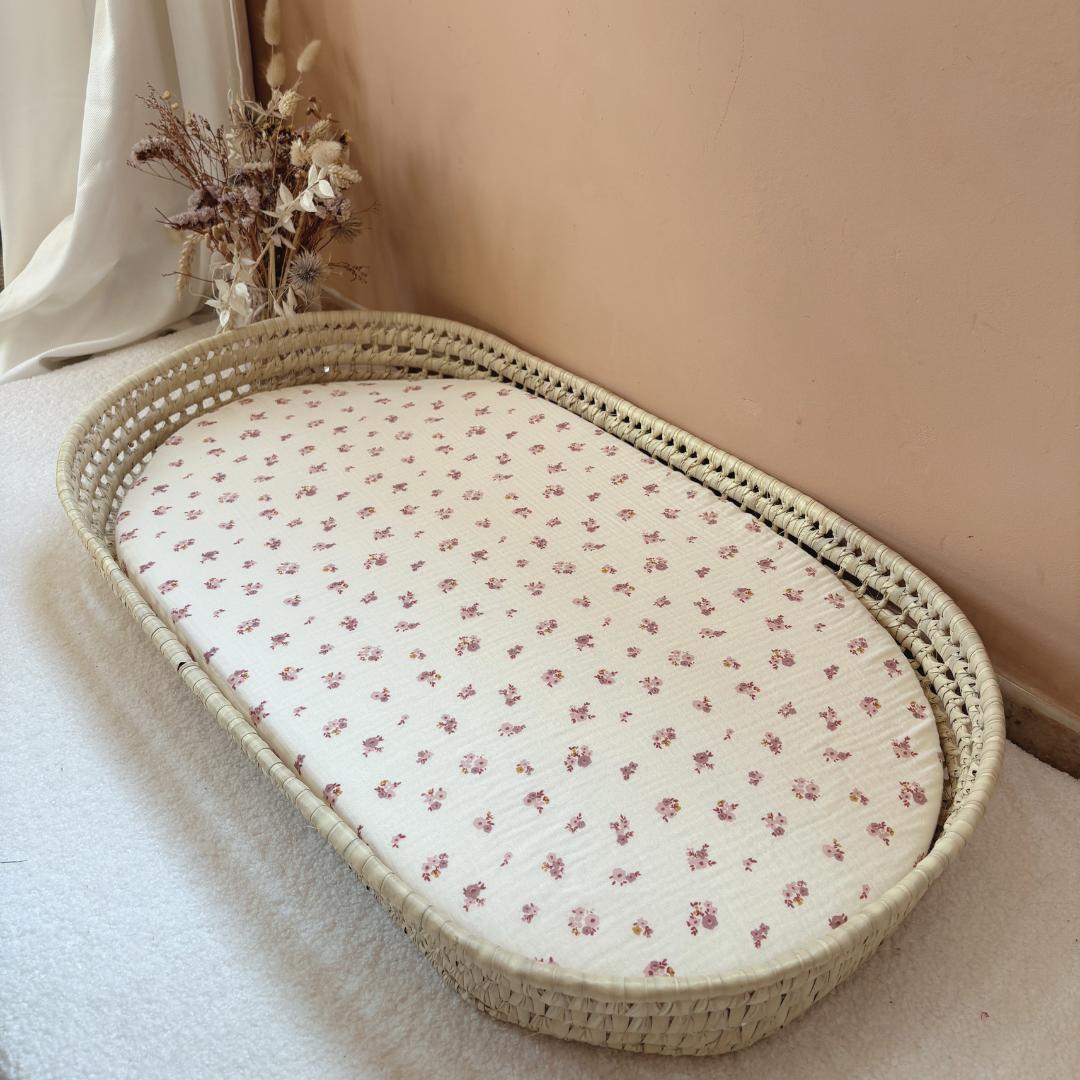 Panier à langer + matelas + housse double gaze fleurie Hava