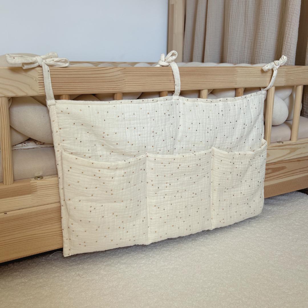 Pochette de rangement lit - Ecru pois dorés