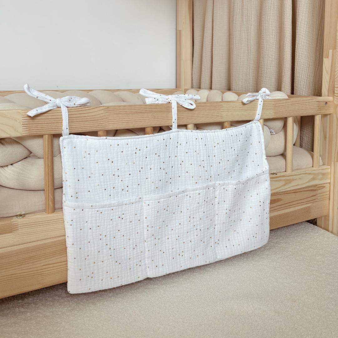 Pochette de rangement lit - Blanc pois dorés