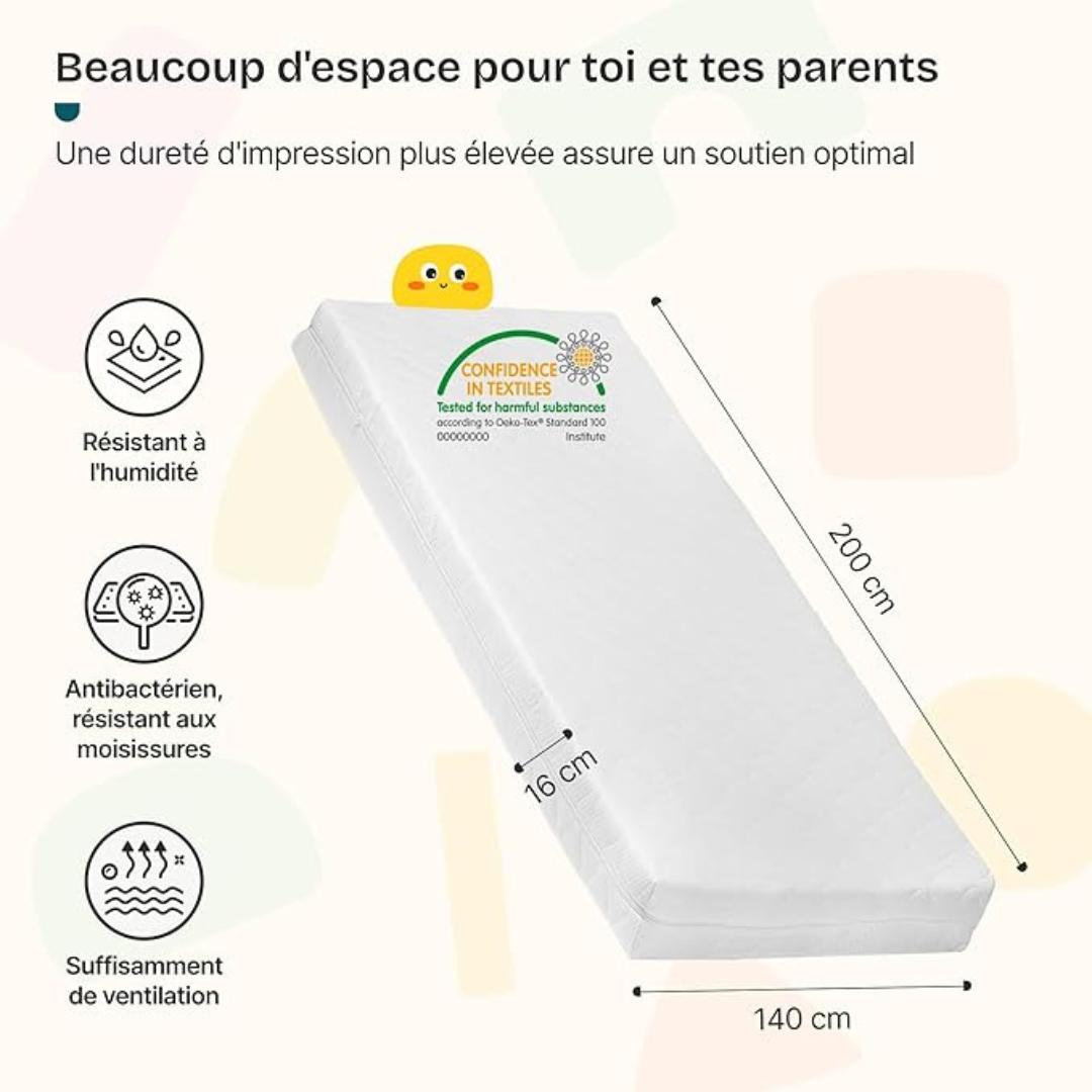 Pack grand lit cabane avec barrière + matelas 140x200cm