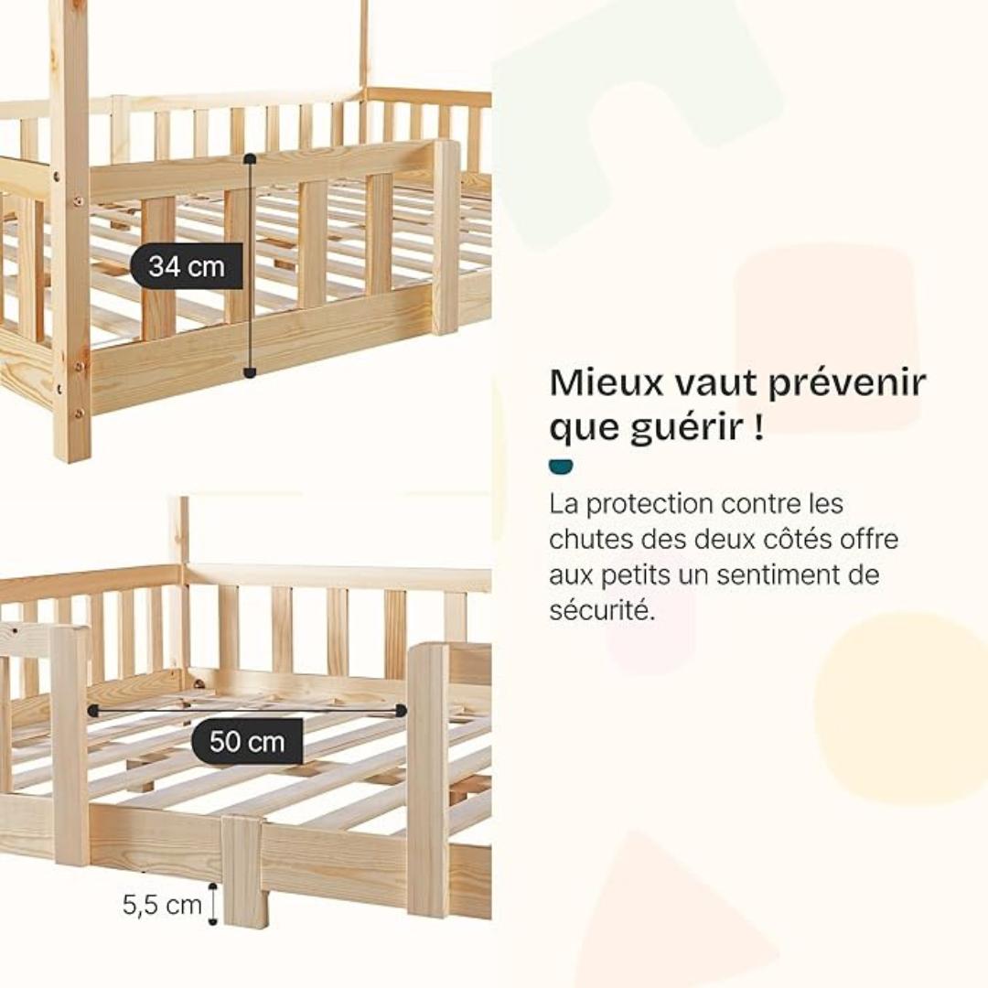 Grand lit cabane Montessori avec barrière + matelas - 120x200cm - Bois naturel