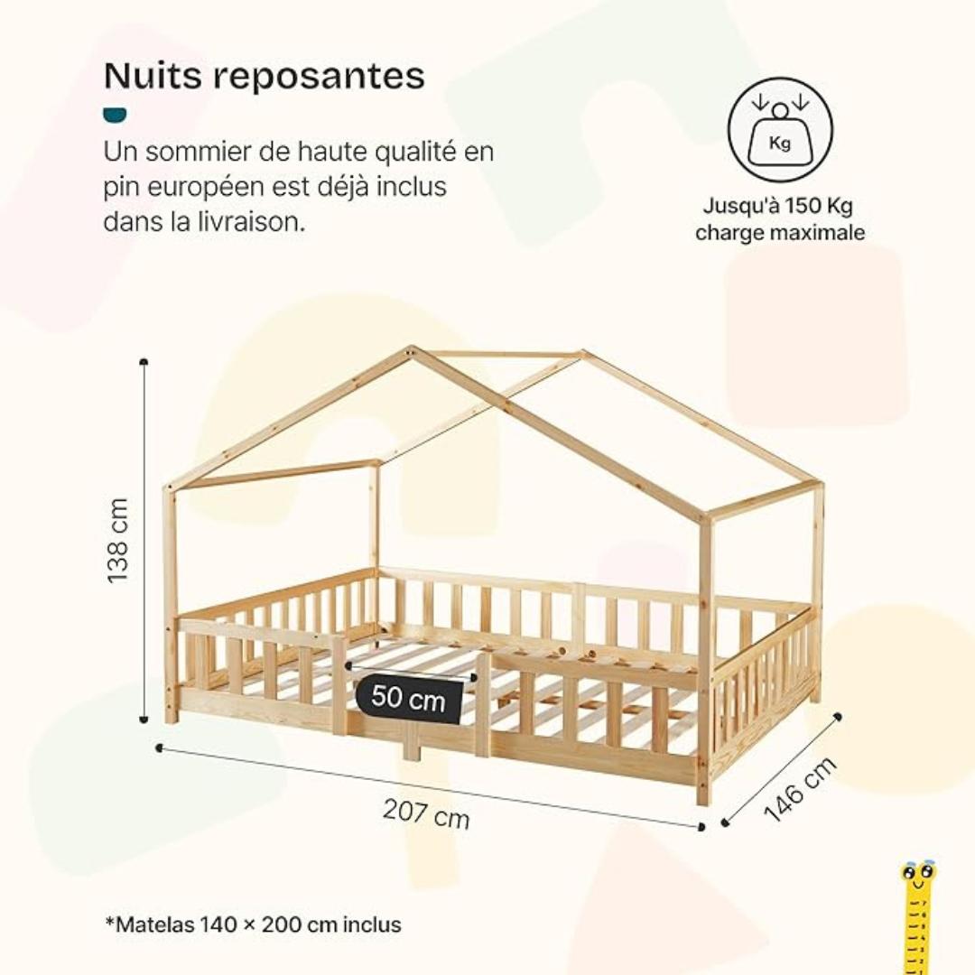 Grand lit cabane double avec barrière - 140x200cm - Bois naturel