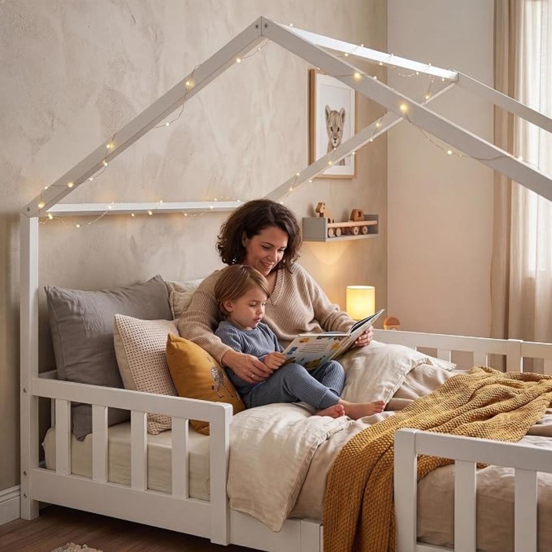 Grand lit cabane double avec barrière - 120x200cm - Blanc