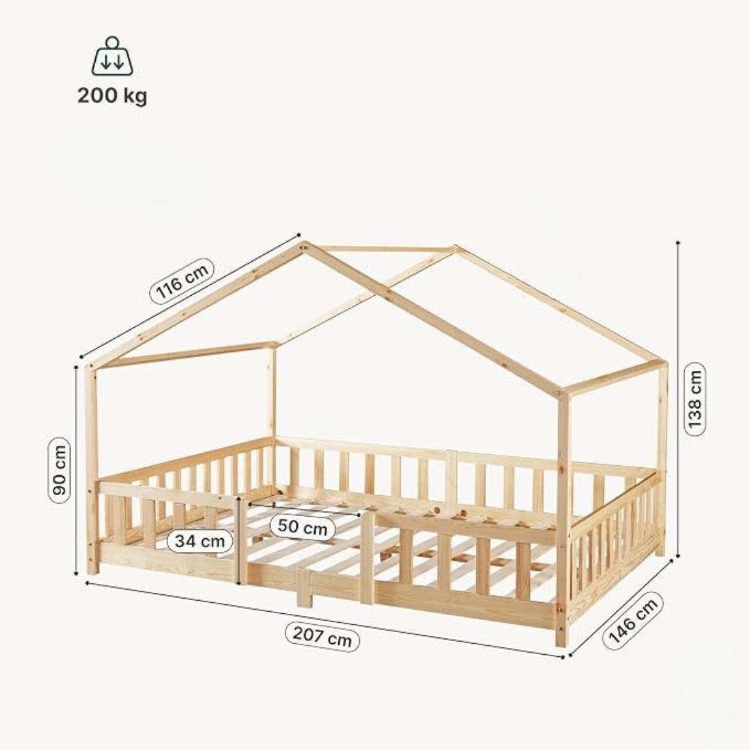 Grand lit cabane double avec barrière - 140x200cm - Bois naturel