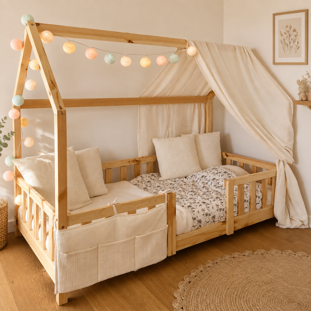 Pack lit cabane + ciel de lit + guirlande + range-doudou