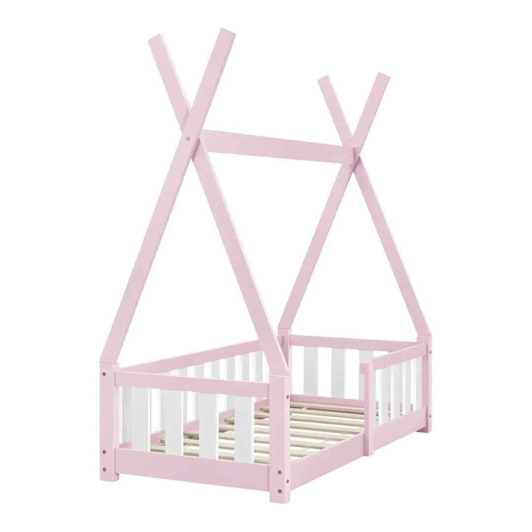 Lit tipi 70x140cm avec barrière et matelas - Rose & blanc