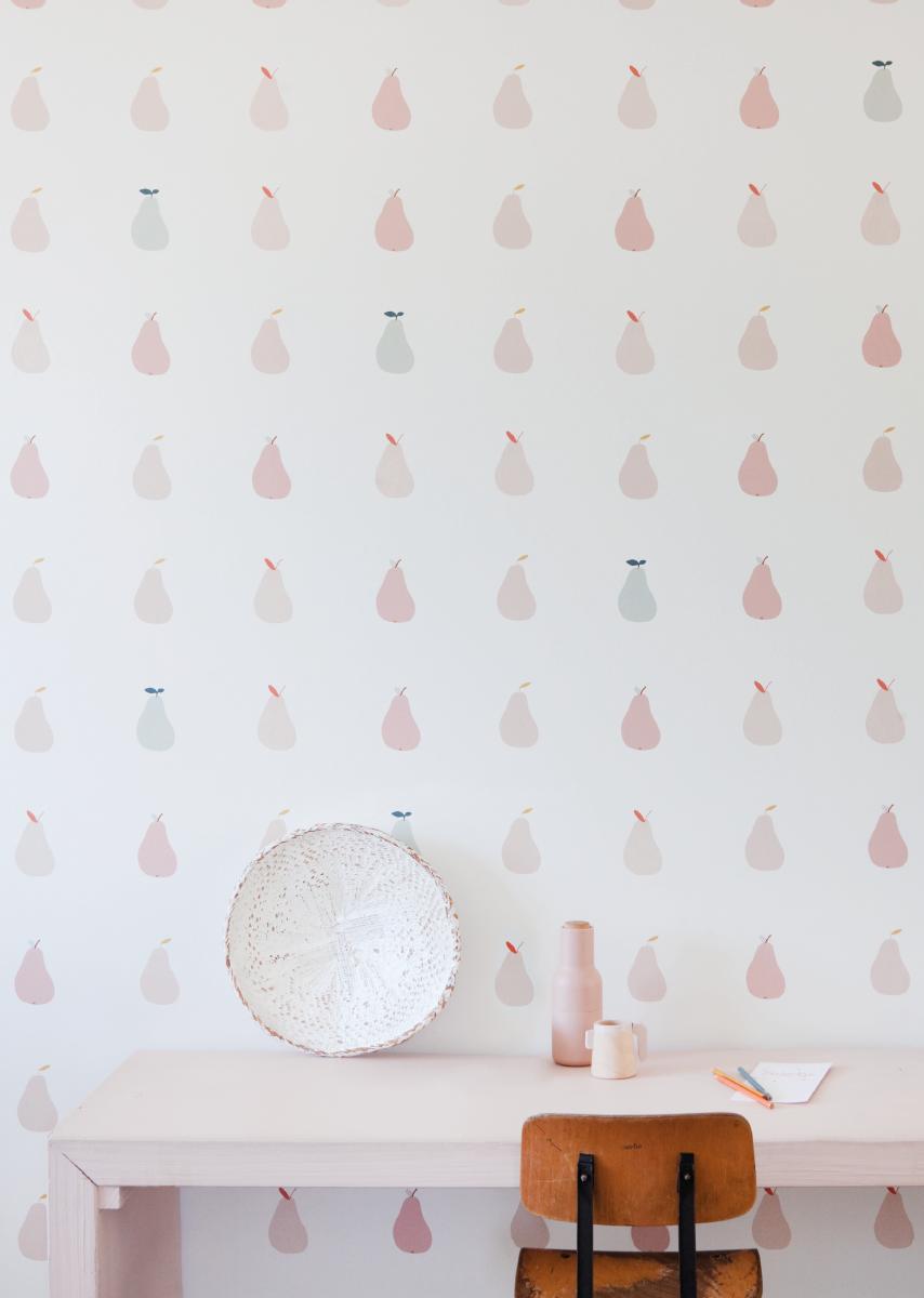 Papier peint chambre enfant motif Poires - Rose & Vert sauge