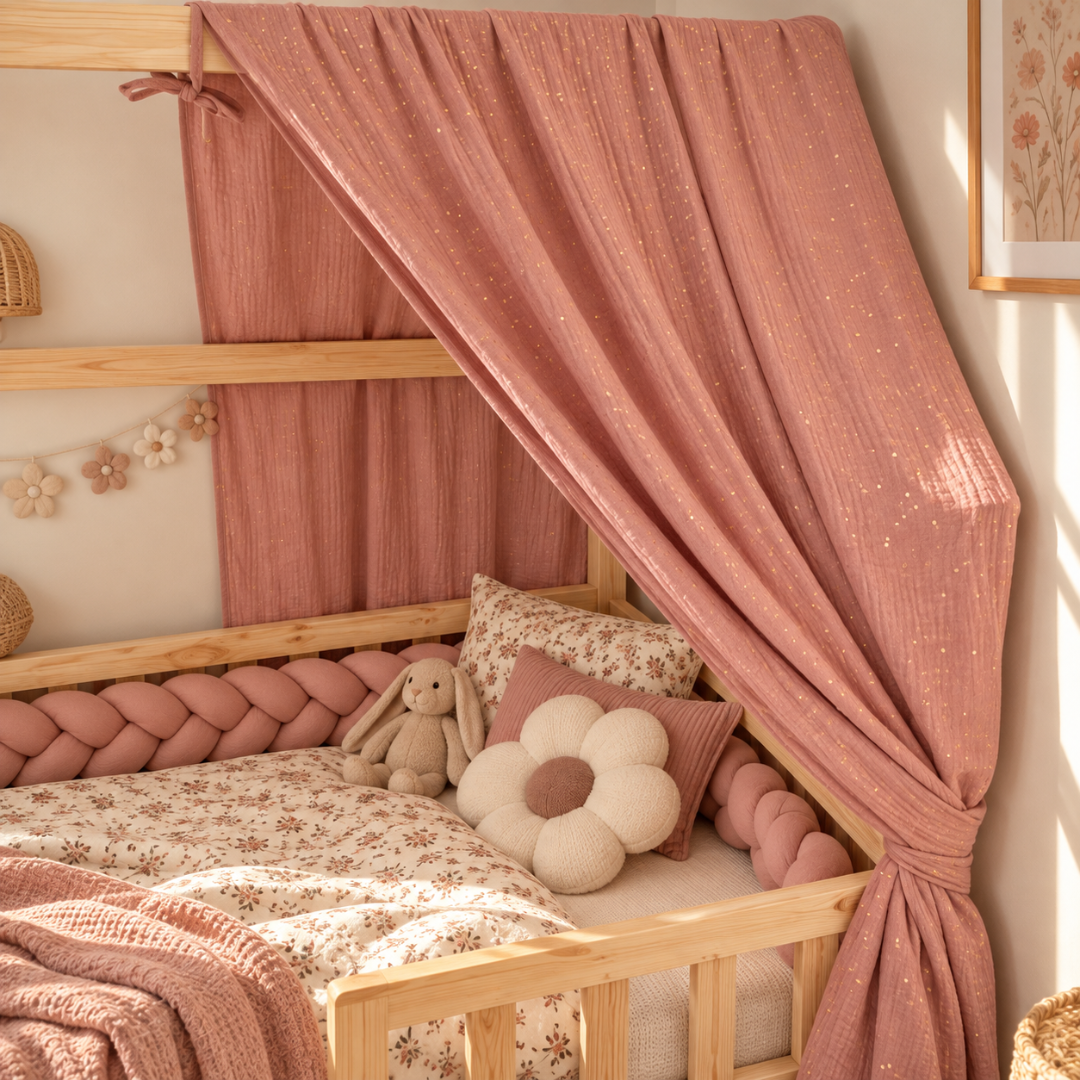 Ciel de lit cabane Rose pois dorés