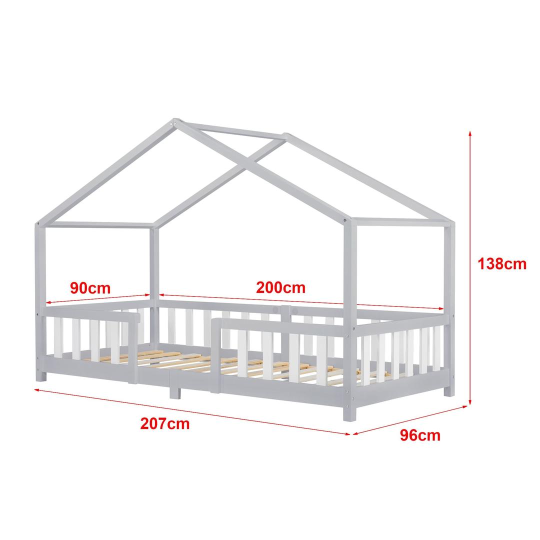Lit cabane avec barrière + matelas - 90x200cm - Gris & Blanc
