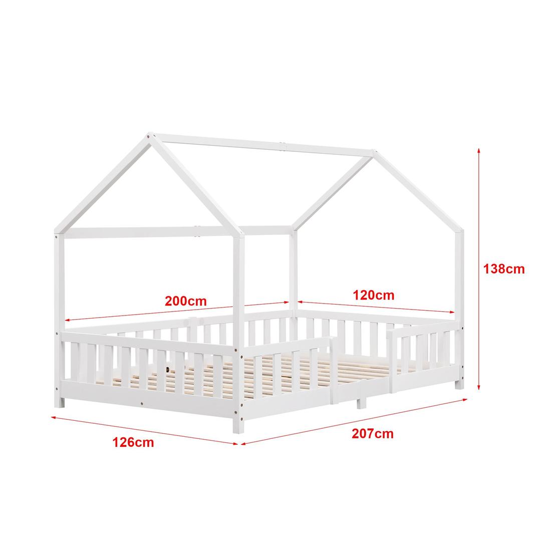 Grand lit cabane Montessori avec barrière + matelas - 120x200cm - Blanc