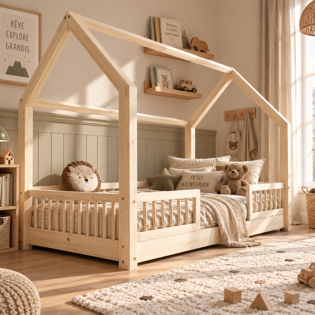 Lit cabane avec barrière