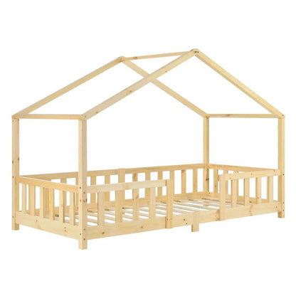 Lit cabane avec barrière - 90x200 cm - Bois naturel