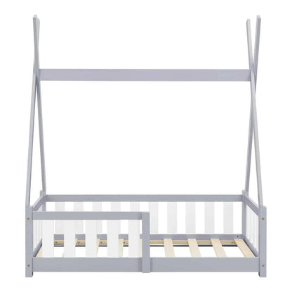 Lit tipi 70x140cm avec barrière - Gris &amp; blanc