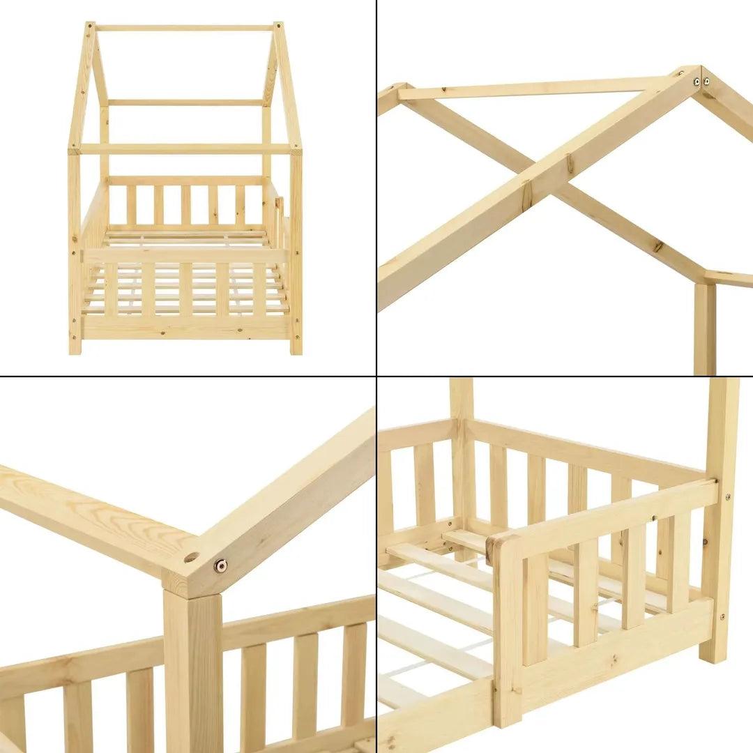 Lit cabane avec barrière 70x140cm - Bois naturel
