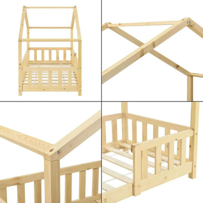 Lit cabane avec barrière 70x140cm - Bois naturel