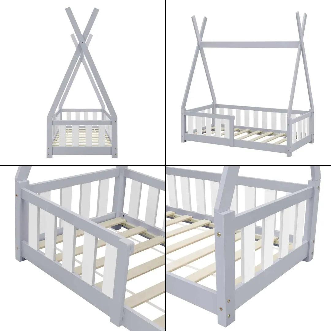 Lit tipi 70x140cm avec barrière - Gris &amp; blanc