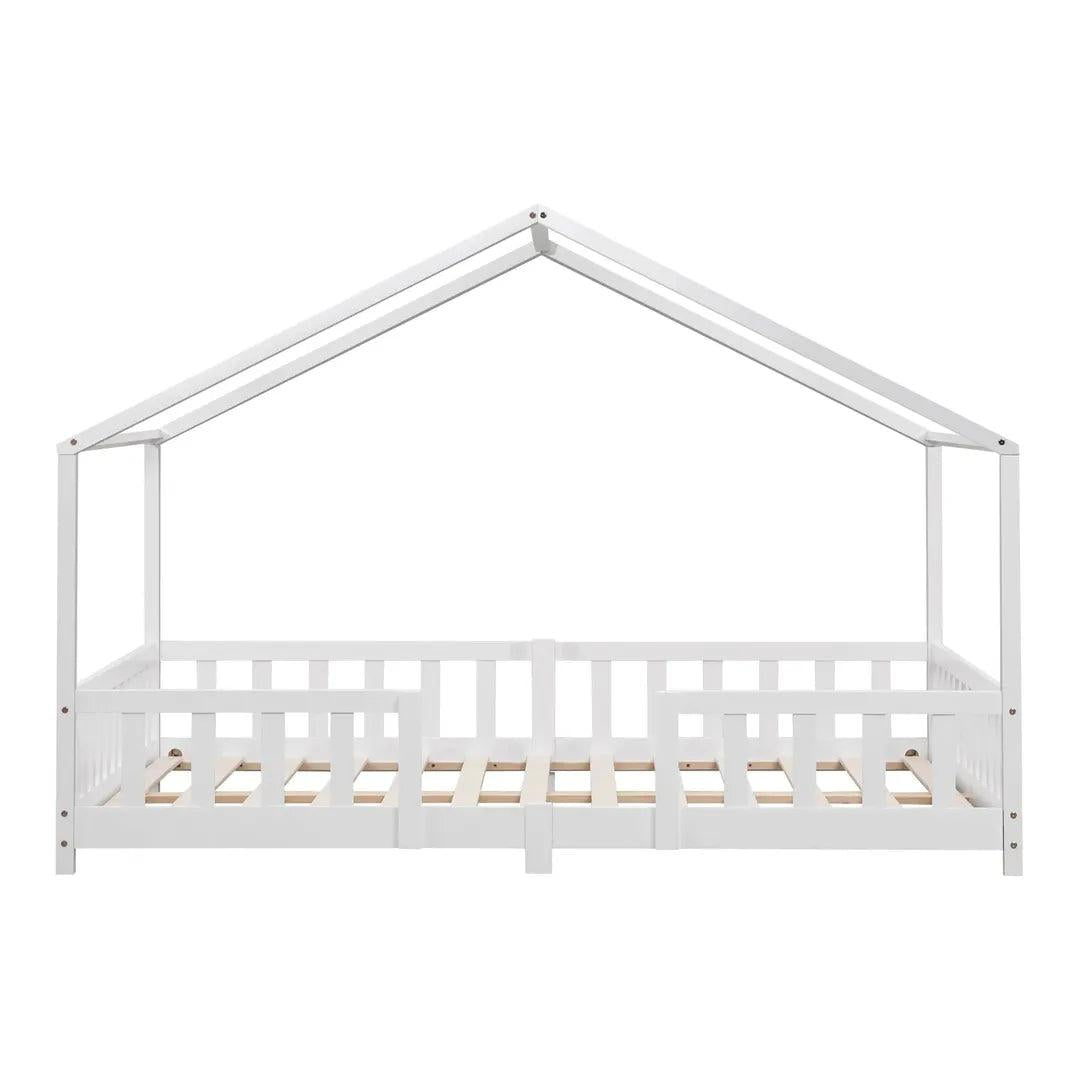 Grand lit cabane double avec barrière - 120x200cm - Blanc