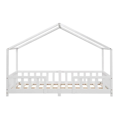 Grand lit cabane double avec barrière - 120x200cm - Blanc