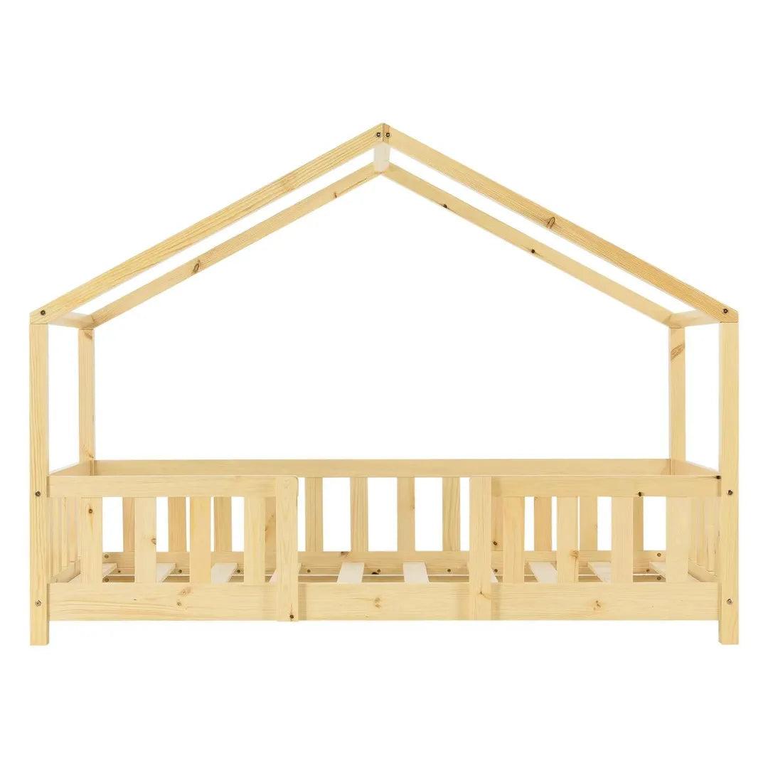 Lit cabane avec barrière 70x140cm - Bois naturel