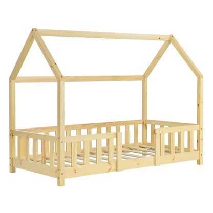 Lit cabane avec barrière - 80x160cm - Bois naturel