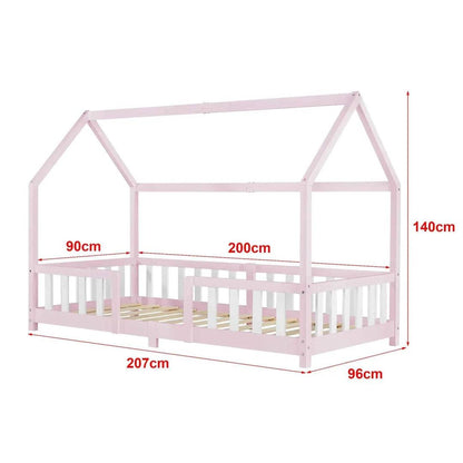 Lit cabane avec barrière - 90x200cm - Rose