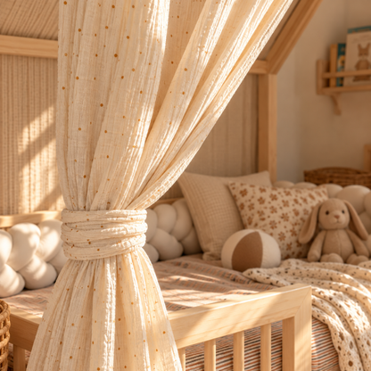 Ciel de lit cabane (pack de 2) Ecru pois dorés en stock