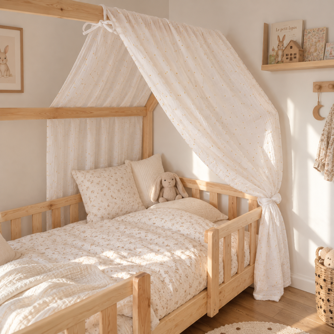 Ciel de lit cabane Blanc pois dorés