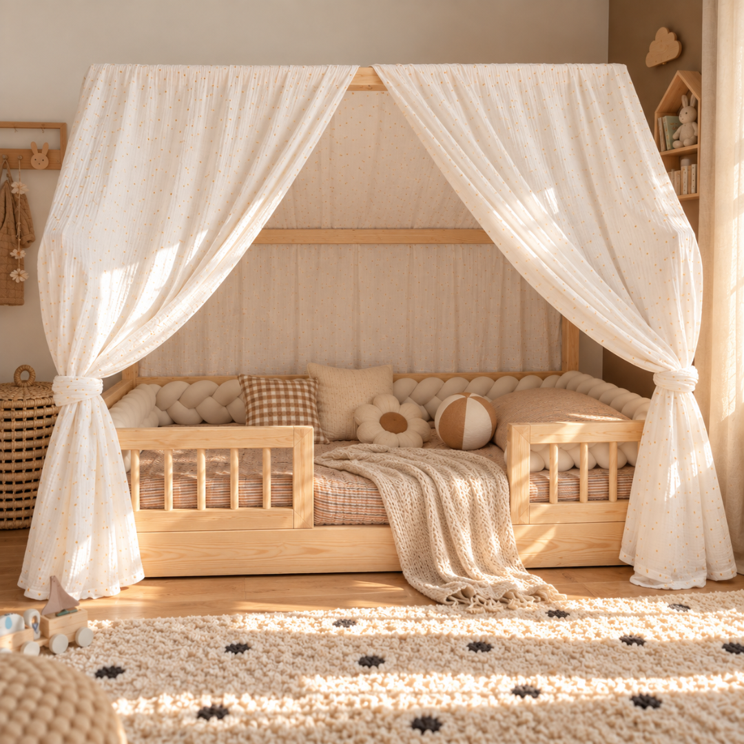 Set van 2 witte cabinebedhemels met gouden stippen