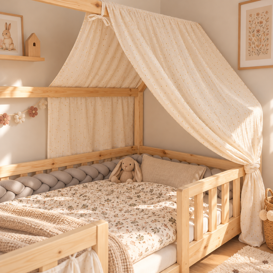 Ciel de lit cabane Ecru pois dorés en stock